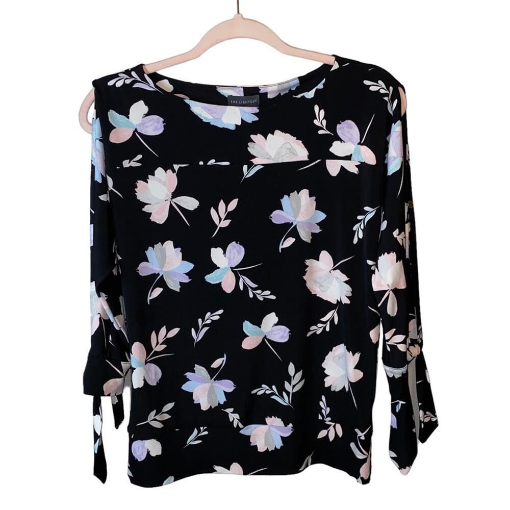The Limited Black Floral Blouse‎ Small Tie Sleeve Detail Soft Pastel Print Top